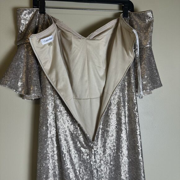 Calvin Klein Gold Sequin Off Shoulder Flutter Sleeve Gown Gathered Waist $298 - Picture 3 of 16